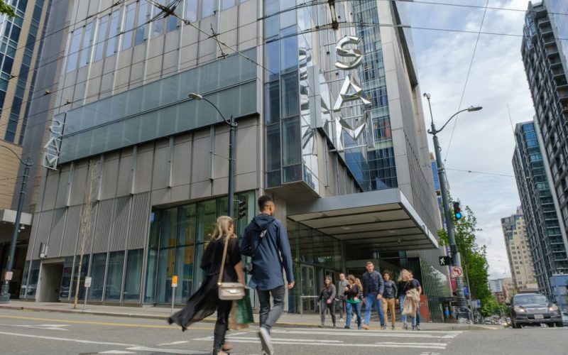 Looking up at the entrance to the Seattle Art Museum (SAM) from Seattle Premier Attractions